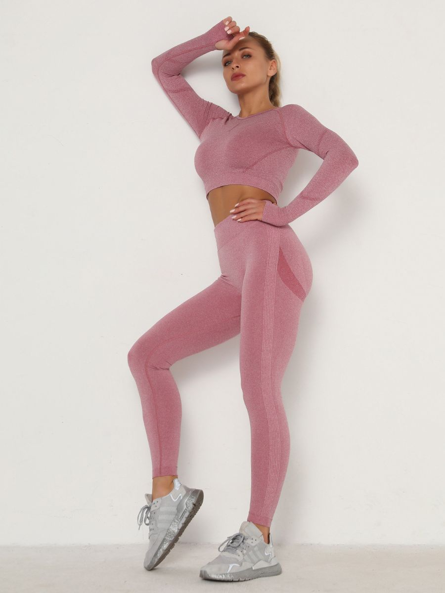 Women's Sets Skinny Tracksuit Breathable Bra Long Sleeve Top Seamless Outfits High Waist Push Up Leggings Gym Clothes Sport Suit New Set Wine Red