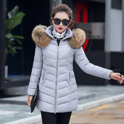 Women's Down Jacket 2024 Winter Woman Korean Style Long Zipper Slim Coats Big Fur Collar Hooded Padded Parka Jacket Female