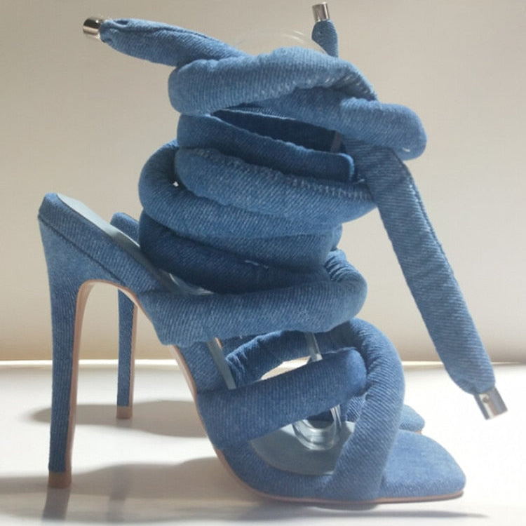 Summer Square Head Slim High Heel Sandals Wrapped Around The Feet Fashion Show Dress 43 Large Women's Sandals Dark blue denim