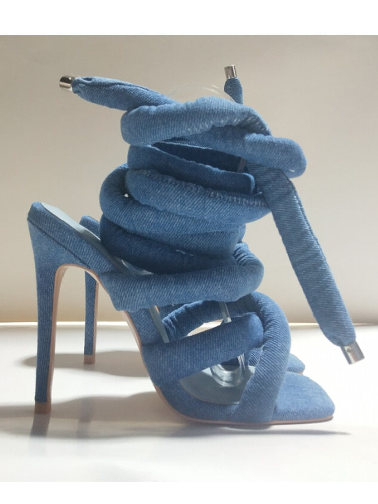 Summer Square Head Slim High Heel Sandals Wrapped Around The Feet Fashion Show Dress 43 Large Women's Sandals Dark blue denim