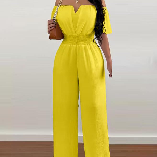 Jumpsuits for Women Spring Fashion Off Shoulder Casual Plain Short Sleeve Shirred Waist Daily Long Wide Leg Jumpsuit F