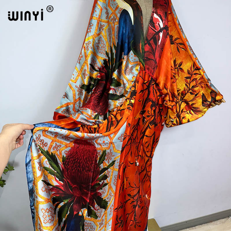 Sexy bech hand-rolled feel silk rayon fashion print Maxi Women's robes long beach V-neck Bohemian dress