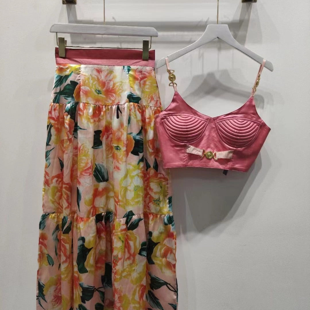 Woman tops satin 3D printing corset sexy women's camisole vest y2k clothes New metal buckle tube top + skirt suit bra 7