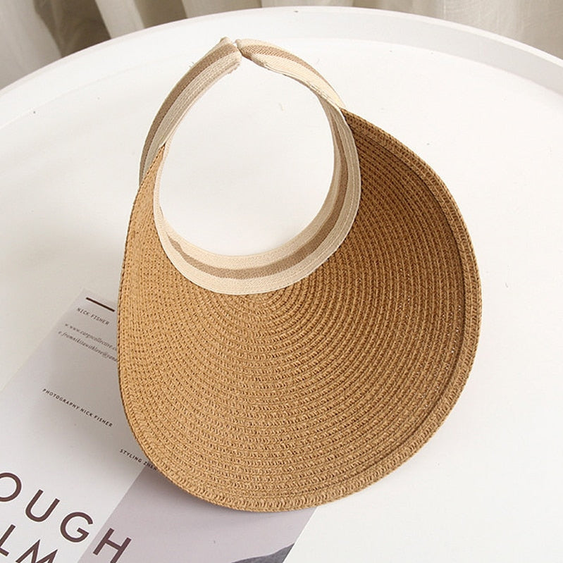 Summer Empty Top Sun Hat - Female Outdoor Visor Cap Casual Shade Hat Straw Wide Large Brim Beach Sunhat Lady