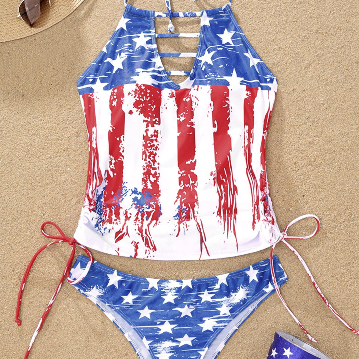 Sexy Women American Flag Hollow Out Drawstring Halter Tankini Set Brazilian Swimsuit Bra Two Piece Swimwear Beachwear
