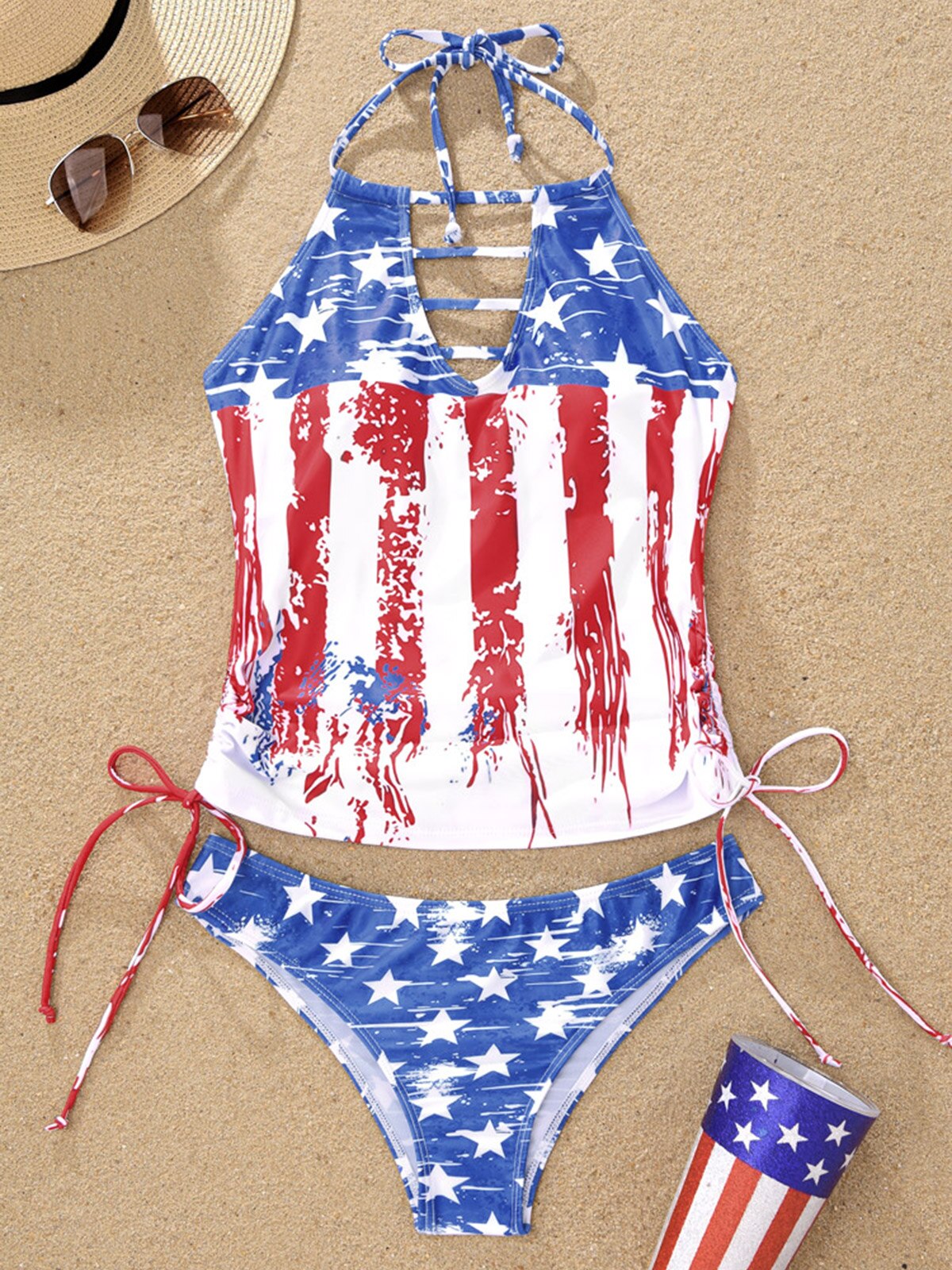Sexy Women American Flag Hollow Out Drawstring Halter Tankini Set Brazilian Swimsuit Bra Two Piece Swimwear Beachwear