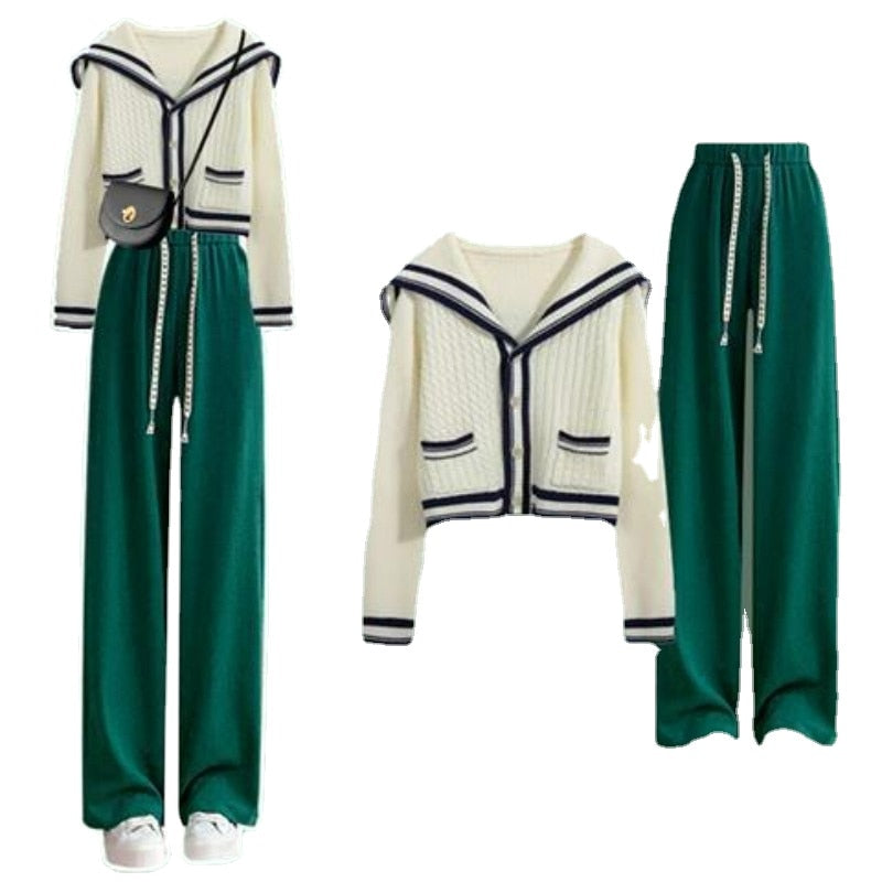Sailor Collar Two Piece Set for Women Knitted Cardigan + Pant Sets Long Sleeve Korean Outfit Tracksuit New Knit Autumn Suit