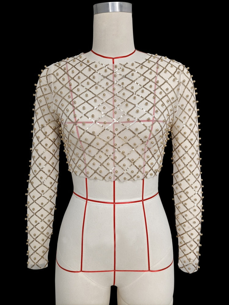 Embroidered Flares Glitter Sexy T-shirt Women O Neck Full Sleeve Crop Top Ladies Mesh Shiny Slim Party T-shirts Tops