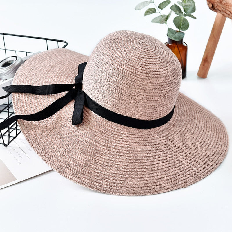 Simple Foldable Wide Brim Floppy Girls Straw Hat Sun Hat Beach Women Summer Hat UV Protect Travel Cap Lady Cap Female pink 55-58cm