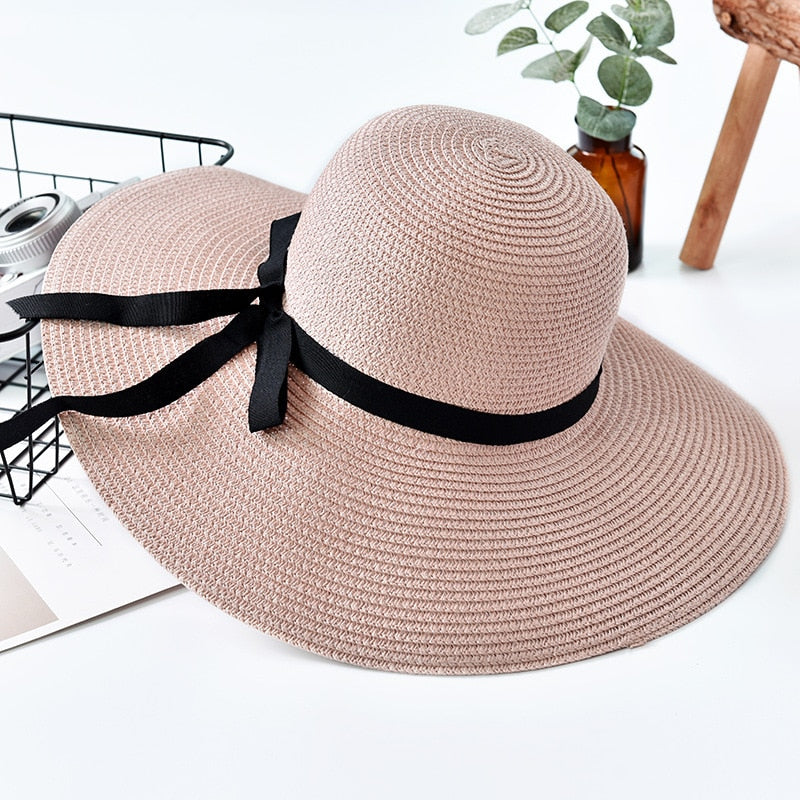 Simple Foldable Wide Brim Floppy Girls Straw Hat Sun Hat Beach Women Summer Hat UV Protect Travel Cap Lady Cap Female pink 55-58cm