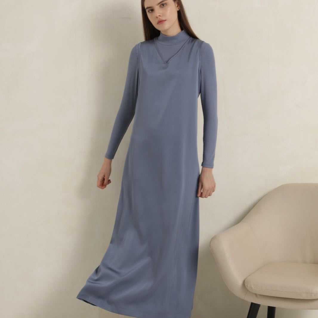 AP V Neck Satin Maxi Dress Rib Modal Mock Neck Fall Women Dress Three Colors