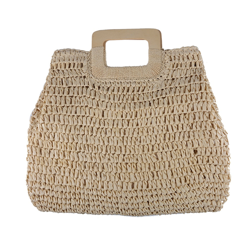 Summer Straw Handbag Wooden Handle Large Capacity Paper Rope Woven Straw Bag New Fashion Summer Vacation Travel Beach Bag 3
