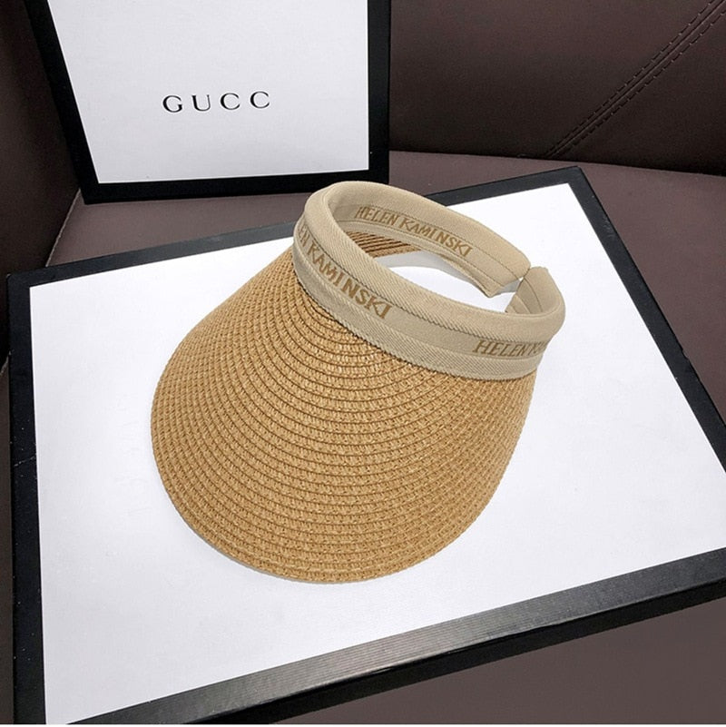 Empty Top Straw Hat Travel Sunshade Sun Hat Cap Trendy Superlite Beach Cap summer Wear Visor Cap For Womens Beige Coffee-1 57 cm