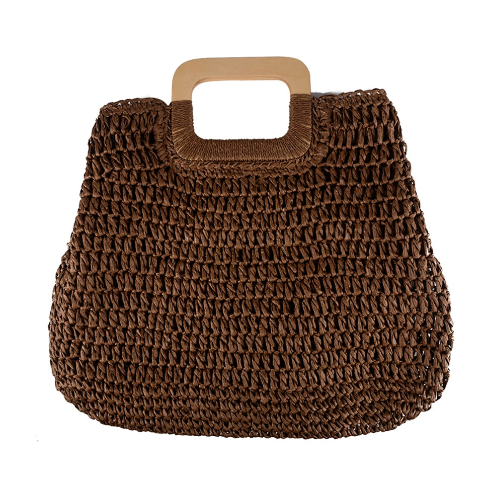 Summer Straw Handbag Wooden Handle Large Capacity Paper Rope Woven Straw Bag New Fashion Summer Vacation Travel Beach Bag 1