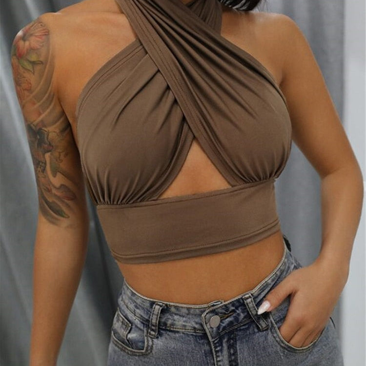 Women Summer Tank Tops Sexy Solid Color Cross Halter Neck Push Up Hollow Crop Tops High Street Wear 2023 New Fashion Auburn