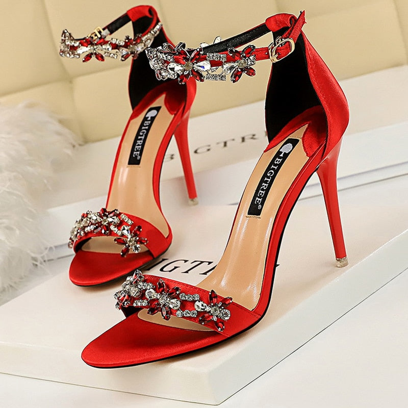 Open Toe Rhinestones Sandals Women - Sexy High Heels Sandals Female Shoes Summer Heeled Sandals red