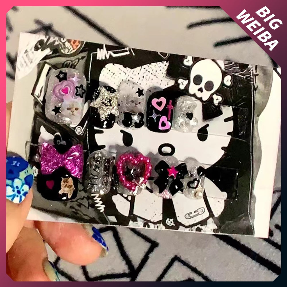 Kawaii Cute Cat Dog Animal Short Pink Purple Nail Slice Bowknot Customizable False Nail Handmade Reusable Nails Sticker Gift