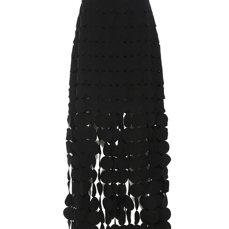 [EAM] Wysokiej talii Czarna pusta frędzle z frędzlami długa szczelina Elegancka spódnica na pół ciała Kobiet moda