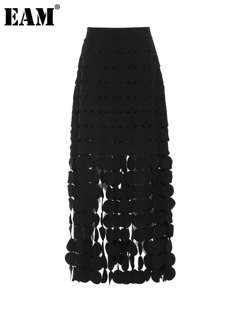 [EAM] High Waist Black Hollow Out Tassels Long Slit Elegant Half-body Skirt Women Fashion Tide New Spring Autumn 2023 1DE9035