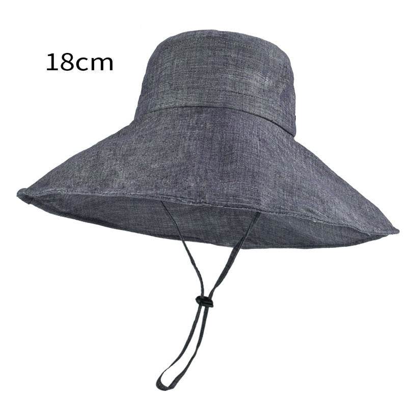 Wide Brim 18cm Linen Sun Hats for Women Uv Protection UPF 50+ Sunshade Foldable Bucket Hat Beach Outing Panama blue 55-60cm