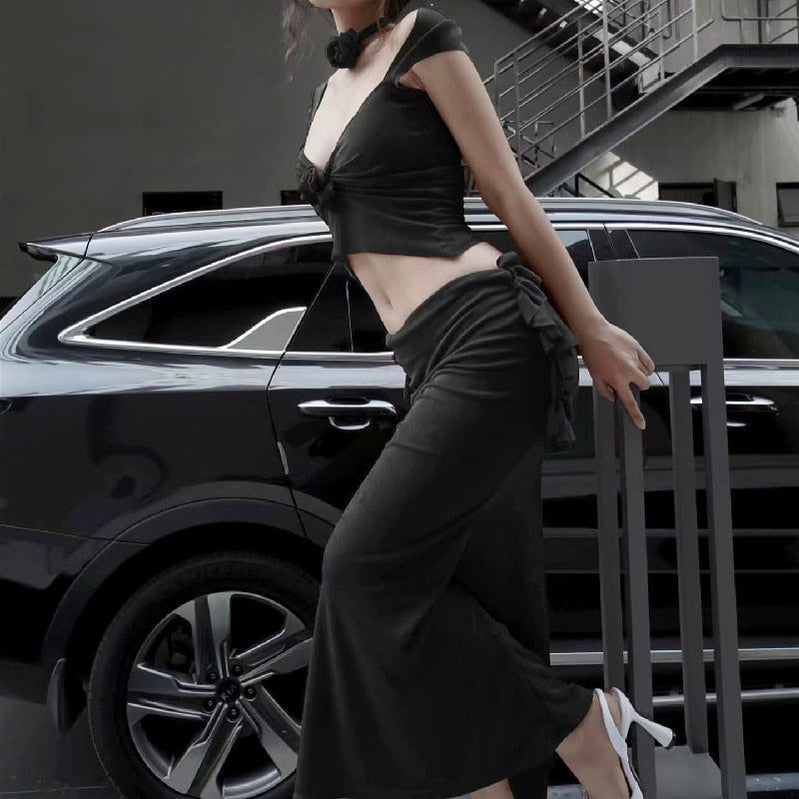 Sexy Three-dimensional Flower Low-cut Crop Top With High-waist Ruffles Long Hip Skirt 2023 Elegant Women Party Outfits