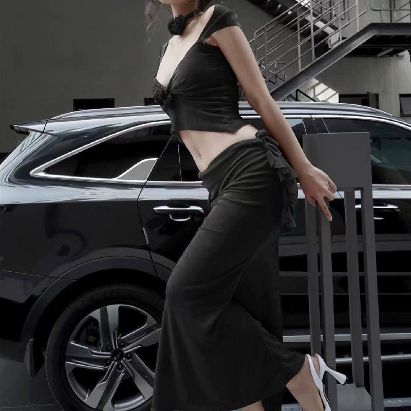 Sexy Three-dimensional Flower Low-cut Crop Top With High-waist Ruffles Long Hip Skirt 2023 Elegant Women Party Outfits