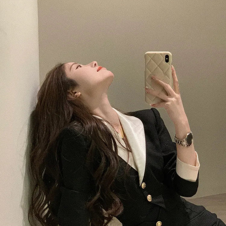 Black Y2k Mini Skirt Set Women Casual Korean 2 Piece Dress Set Crop Tops Jacket Tops + Short Skirts Elegant Suit Autumn New