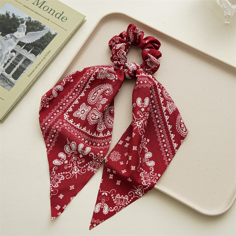 Fashion Print Chiffon Long Ribbon Scrunchies Women Girls Ponytail Scarf Elastic Hair Bands Ties Hair Accessories Wholesale 40