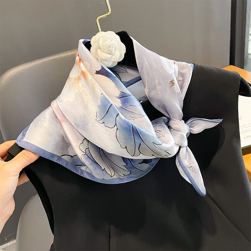 53cm Real Silk Nature Scarf Women Neckerchief Foulard Bandana Small Hairbands Fashion Floral Neck Ties for Office Lady New ZS-280-1 53x53cm