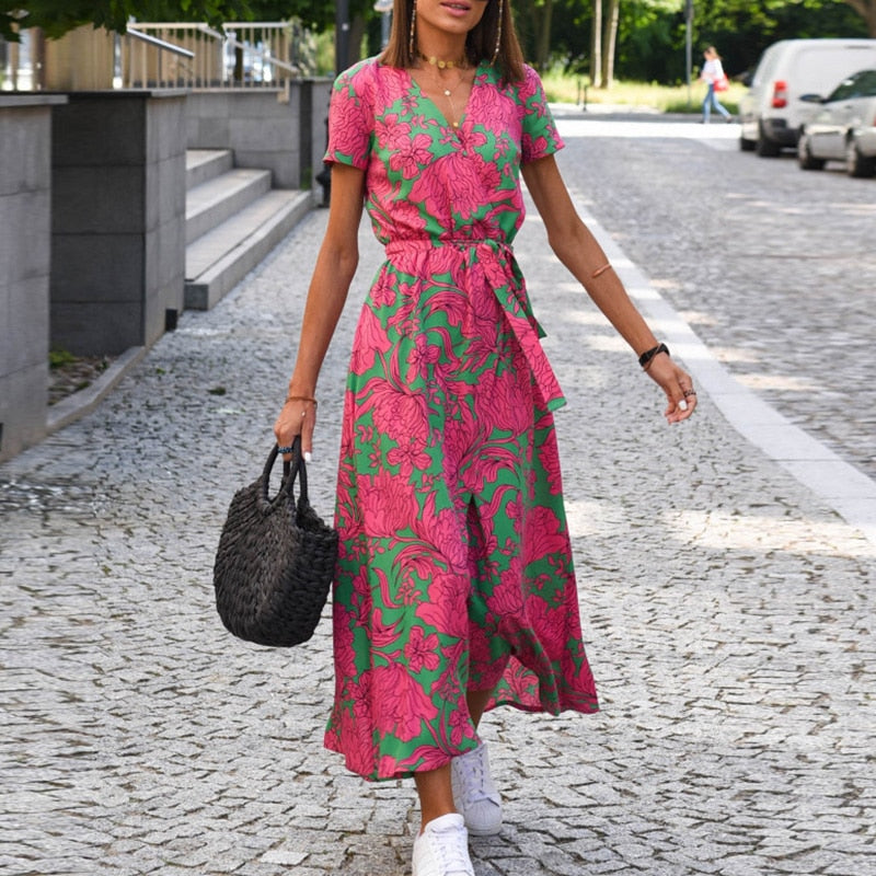 Mulheres casual floral impressão vestido de verão elegante com decote em v manga curta cintura rendas até maxi vestidos femininos férias split vestido longo