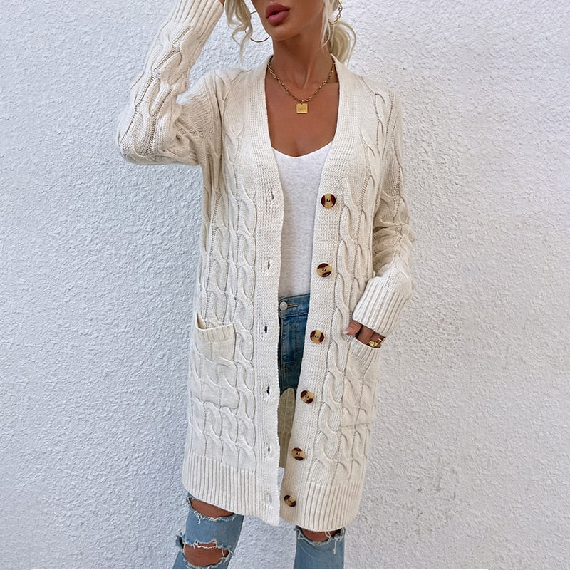 Casual Long Sweater Full Sleeve Single Breasted Solid Knitted Cardigan Women