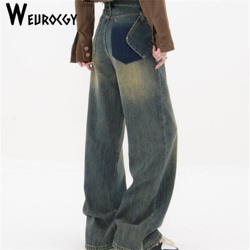 Design Vintage Streetwear Y2K Baggy Farkut Naisten farkku -rahti housut naisten korkea vyötärö repiä taskuja leveä jalka Uusi farkut nainen