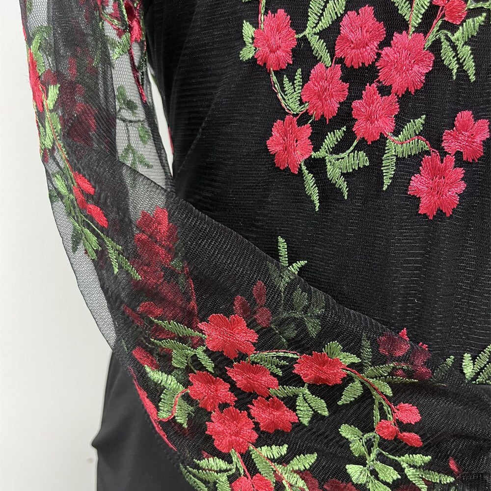 Elegant Jumpsuit Women Casual V Neck Mesh Hollow Embroidery Long Sleeve Overalls Female Slim Office Party Jumpsuit