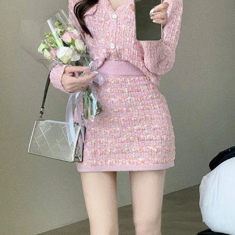 Two Piece Dress Set Sweet Cardigan Sweater + Slim Skirt Pink Elegant Y2k Mini Dress Autumn Office Lady Casual Knitted Suits