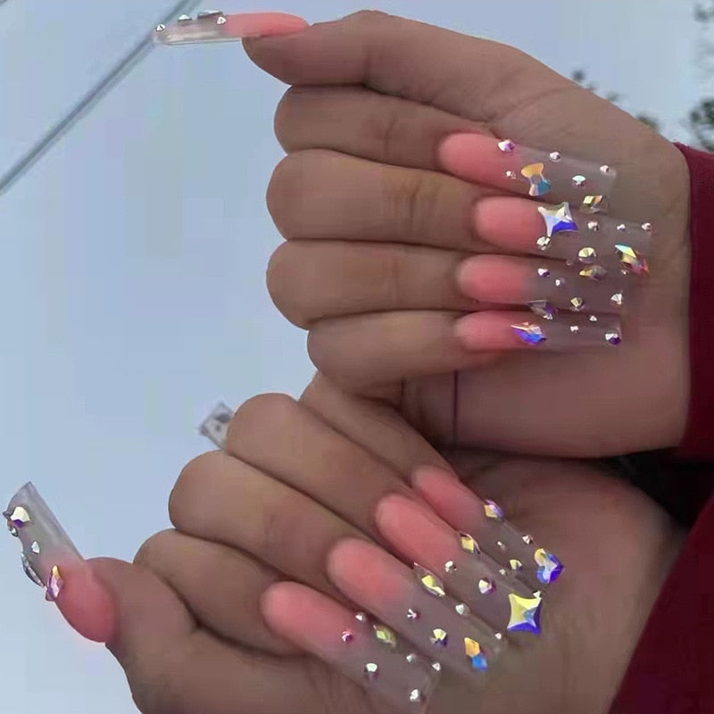 3D Sahte Tırnaklar Set Parlak Pembe Uzun Fransız Tabut İpuçları Glitter Star Diamond Faux Ongles Akrilik Yanlış Tırnak Malzemeleri