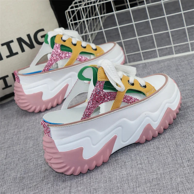 8cm New Glitter Leather Women Chunky Sneakers Platform Wedge Breathable Slippers Comfortable Hollow Summer Shoes