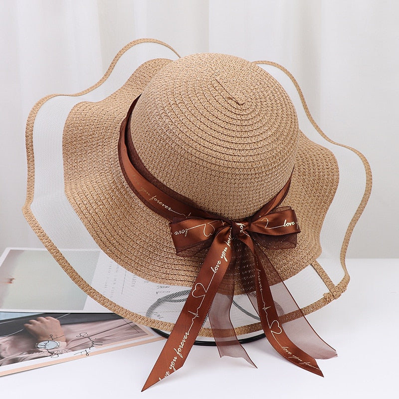 Korean Style Woman Straw Hat Bow Ribbon Large Brim Sunshade Ins Outing Fashion Beach Holiday ladies sun Hat khaki-01 57 cm