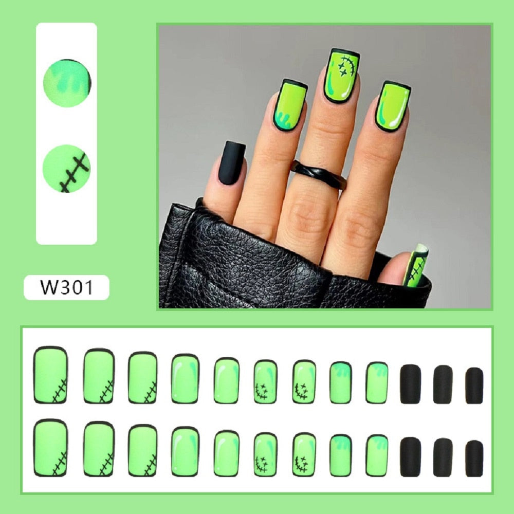 Comic Style False Nails for ACGN Girls 24pcs Coffin y2k Style Press on Nail Tips Full Cover Wearable Short Square Acrylic Nails style1