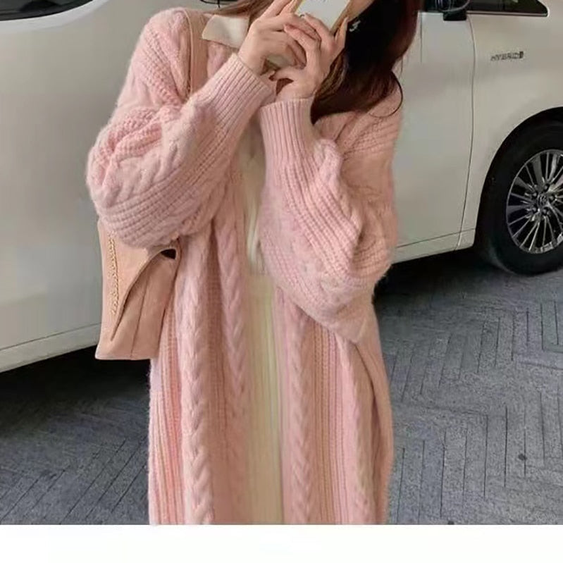 ABRIN Winter Women Loose Warm Long Cardigan TRAF Coat Autumn Long Sleeve Knit Thicken Sweater Coat Women Streetwear Outerwear PINK One Size