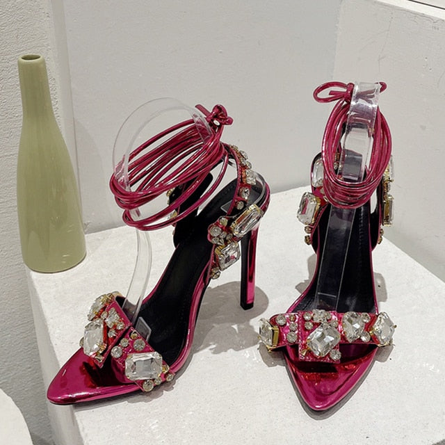Sexy Ankle Strap Golded Sandals Women Party Nightclub Stripper Heels Crystal Diamond Pointed Toe Wedding Shoe 11CM Mei red