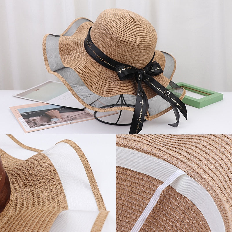 Korean Style Woman Straw Hat Bow Ribbon Large Brim Sunshade Ins Outing Fashion Beach Holiday ladies sun Hat