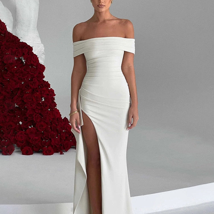 Mozision Off-shoulder Ruffled Thigh High Split Maxi Dress For Women Slash Neck Backless Bodycon Sexy Party Evening Dress Elegant