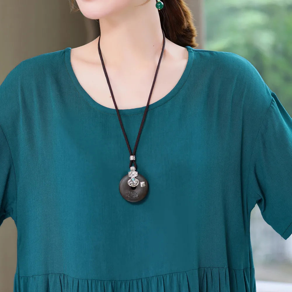 New Fashion Causal Summer Dresses For Women Loose Solid Long O-neck Dress Vintage Short Sleeve Womens Clothing