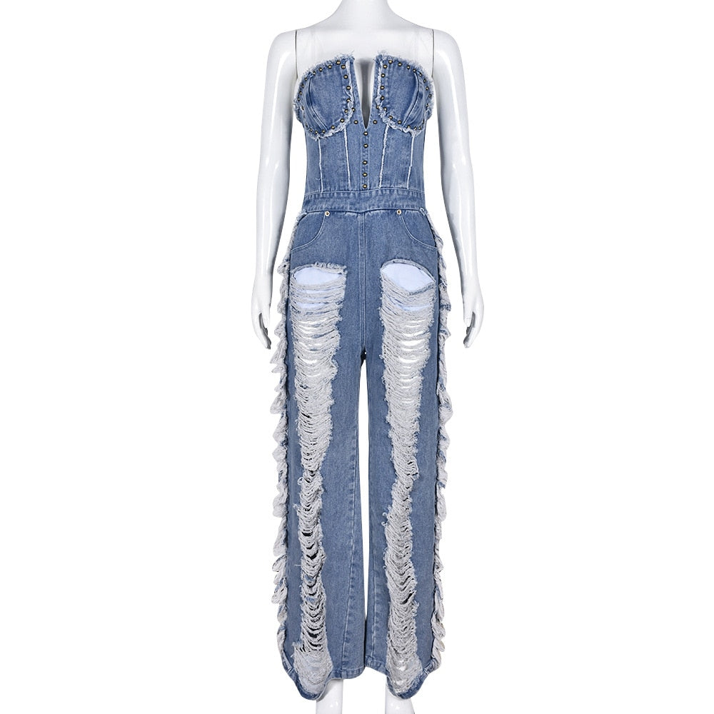 Vintage Hole Tassel Denim Jumpsuit Women New Fashion Sexy Off The Shoulder V Neck Rivet Club Party Romper Y2K One Pieces blue jumpsuit