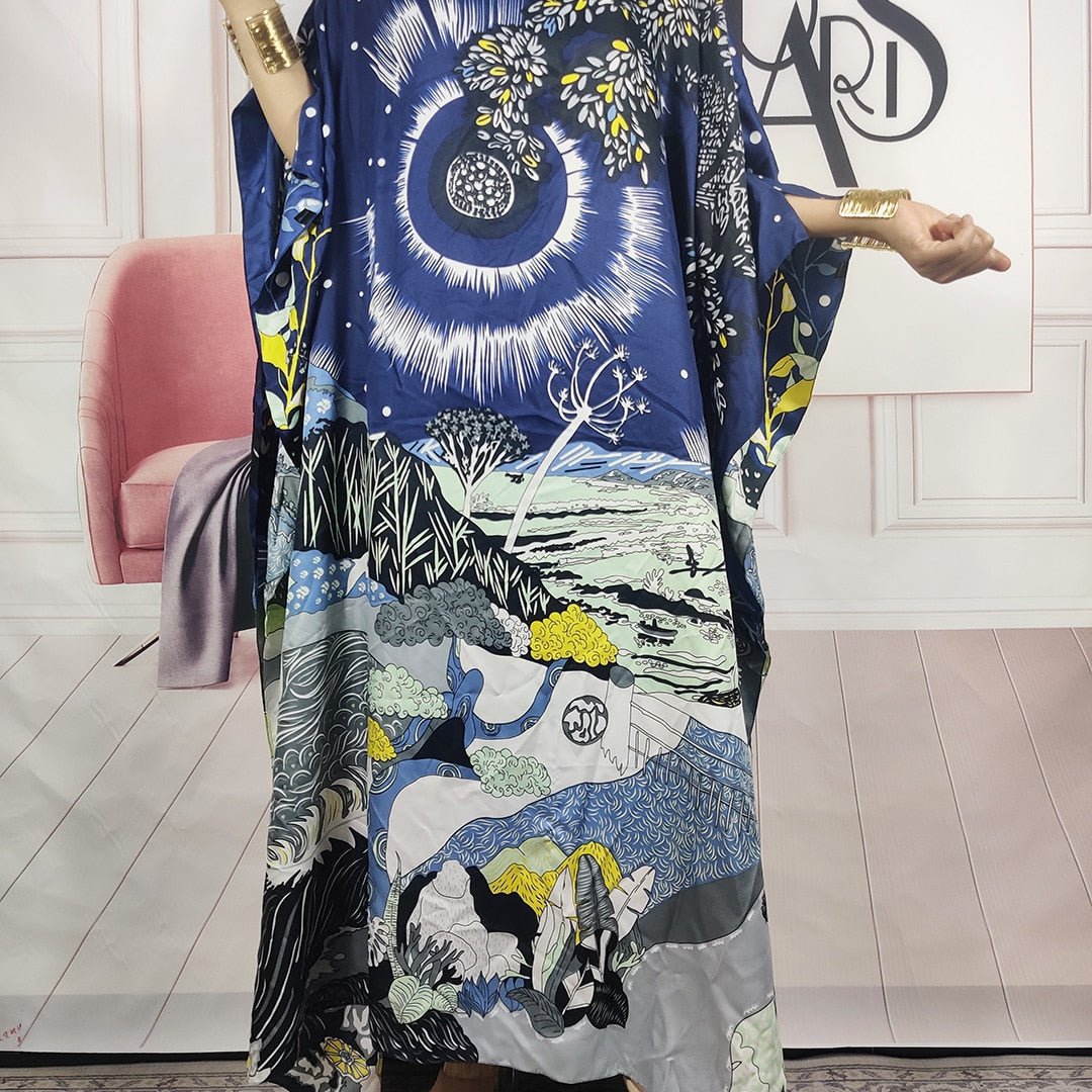 Kuwait Fashion - 2023 Summer Boho Loose Silk Kaftan Maxi Dress Oversized African Muslim Lady Abaya color 8 One Size