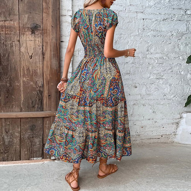 Women Vintage Print Maxi Dresses Summer Casual V Neck Short Sleeve Elastic Waist Dress Female Boho Beach Big Swing Long Dresses