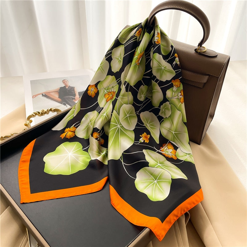 Luxury Print Satin Silk Square Scarf for Women Shawl Hijab Neckerchief Female Hair Ribbon Headband Fashion Wrap Bandana New FJ661-3