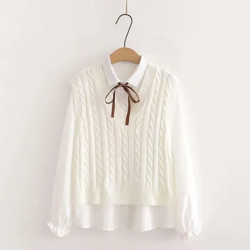 Women's Korean Preppy Style Student 3 Piece Clothing Set Spring Fall Girls Casual Bow Shirt Knit Vest Denim Pants Outfits White Tops Set