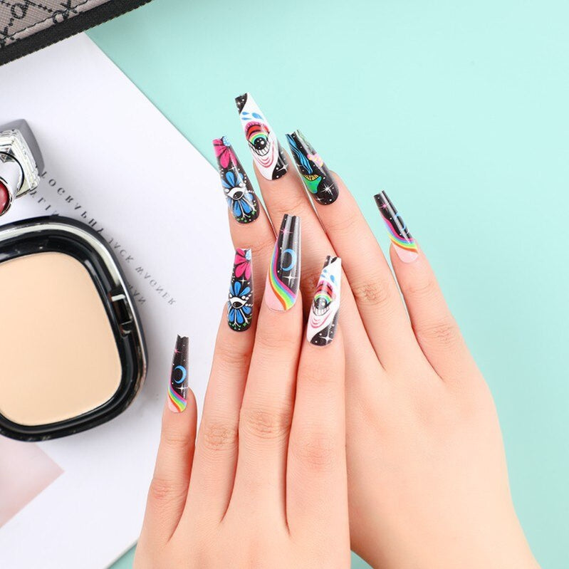 3D fake nails set press on faux ongles long french coffin tips Star Celestial Eye designs DIY manicure accessories false nails