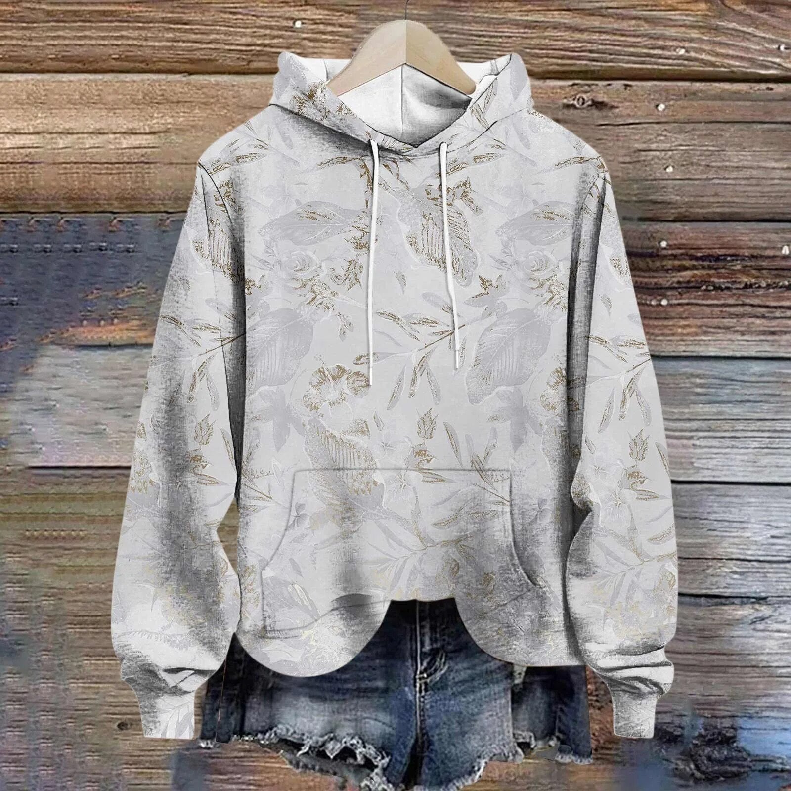 Women'S Sweatshirt Unique Hooded Women Pullover Winter Casual Long Sleeves Print Women Sweatshirts 빅사이즈 여성의류 Light Gray